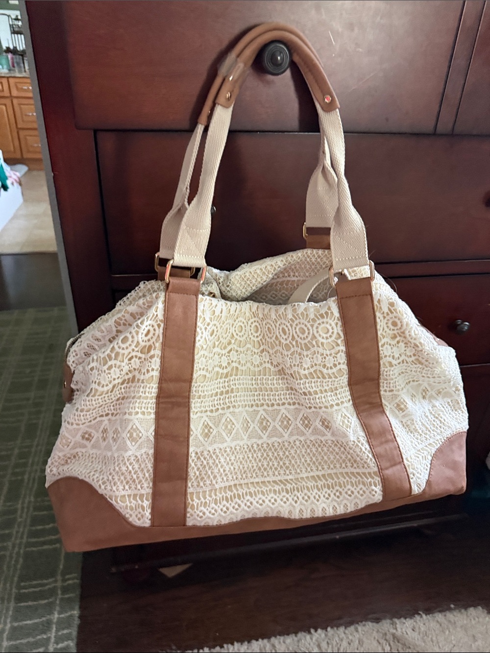 Merona Cream Lace Weekender Duffel Bag with Tan Trim